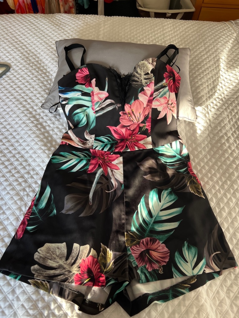 Guess Black Floral Romper with Pink & Teal Leaves
